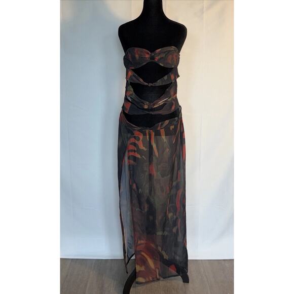 Shape Black Chiffon Tiger Printed Bandeau Cut Out Split Maxi Dress. - Picture 2 of 9